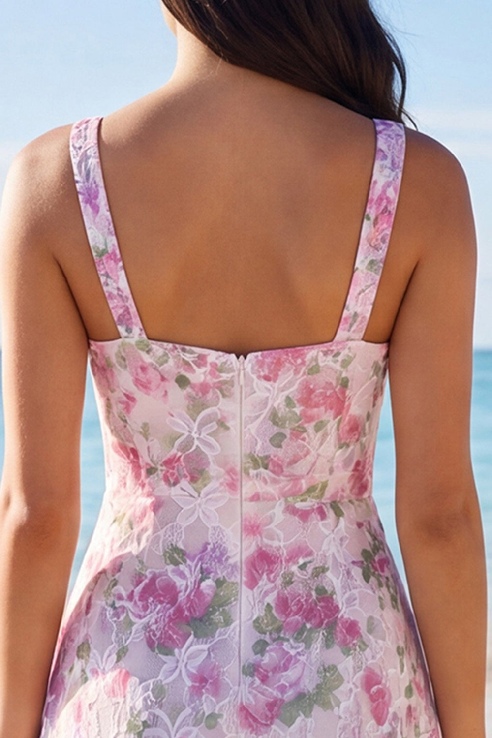 Light Pink Floral V-Neck Short Bridal Shower Dress with Ruffles