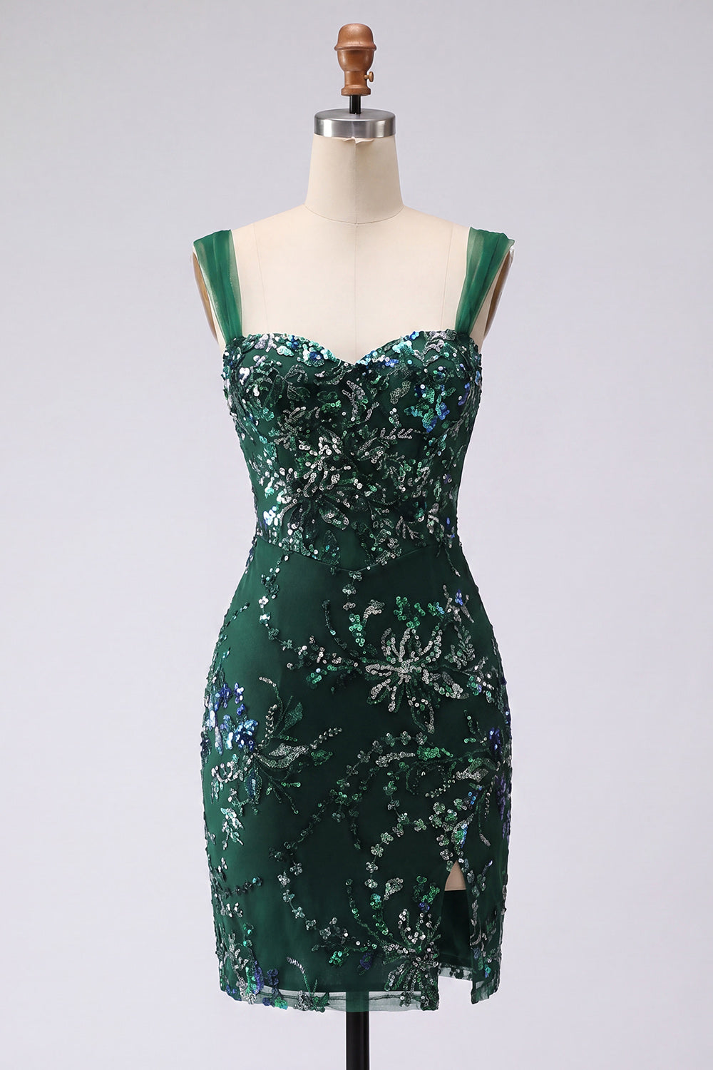 Sparkly Dark Green Beaded Floral Short Tight Homecoming Dress with Slit