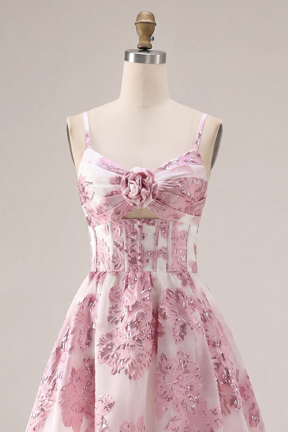 Sparkly Pink Floral Keyhole Short Corset Homecoming Dress with 3D Flower