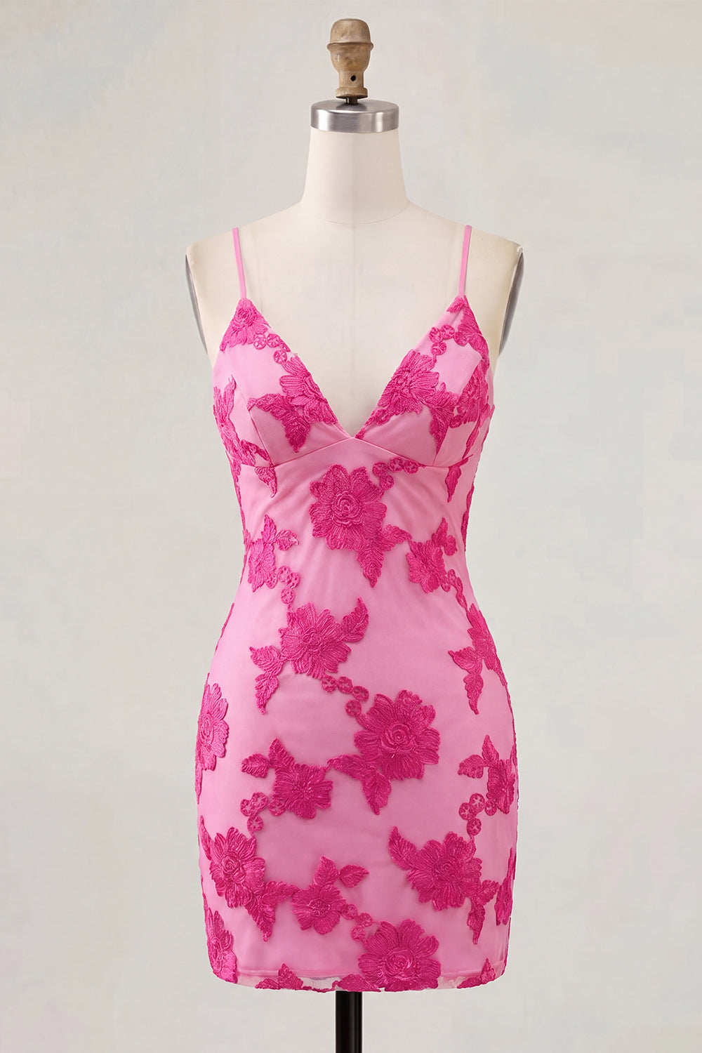 Fuchsia Spaghetti Straps Floral Tight Short Homecoming Dress