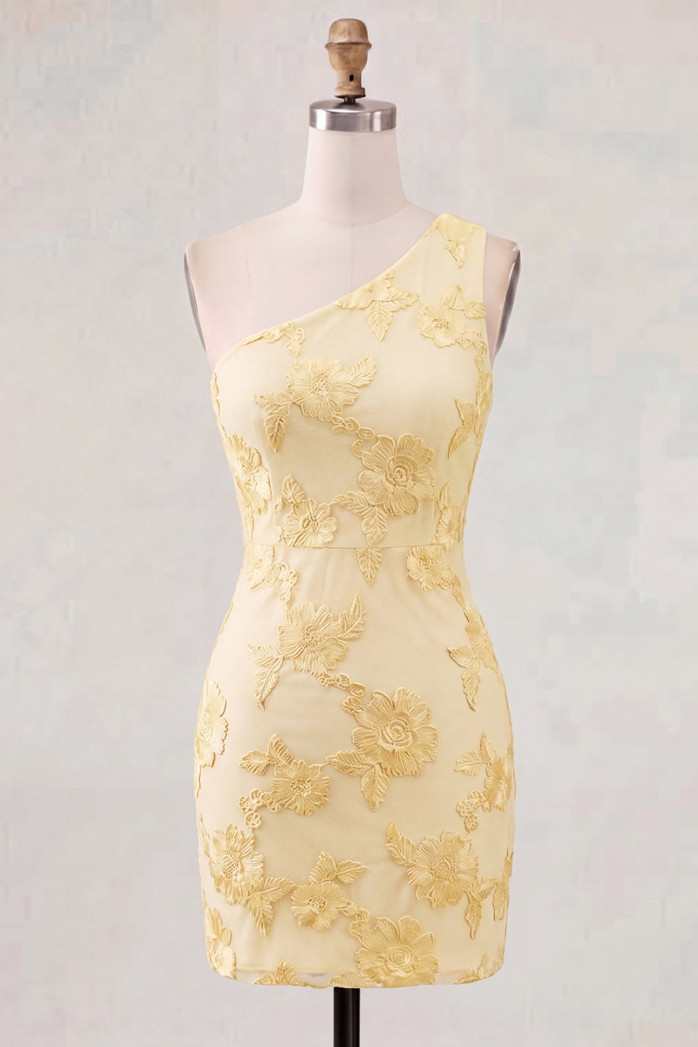 Butter Yellow Floral One Shoulder Tight Short Homecoming Dress