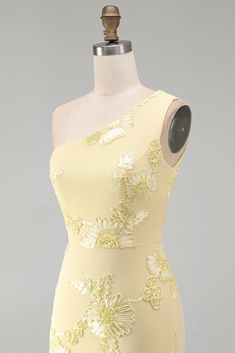 Butter Yellow Floral One Shoulder Tight Short Homecoming Dress