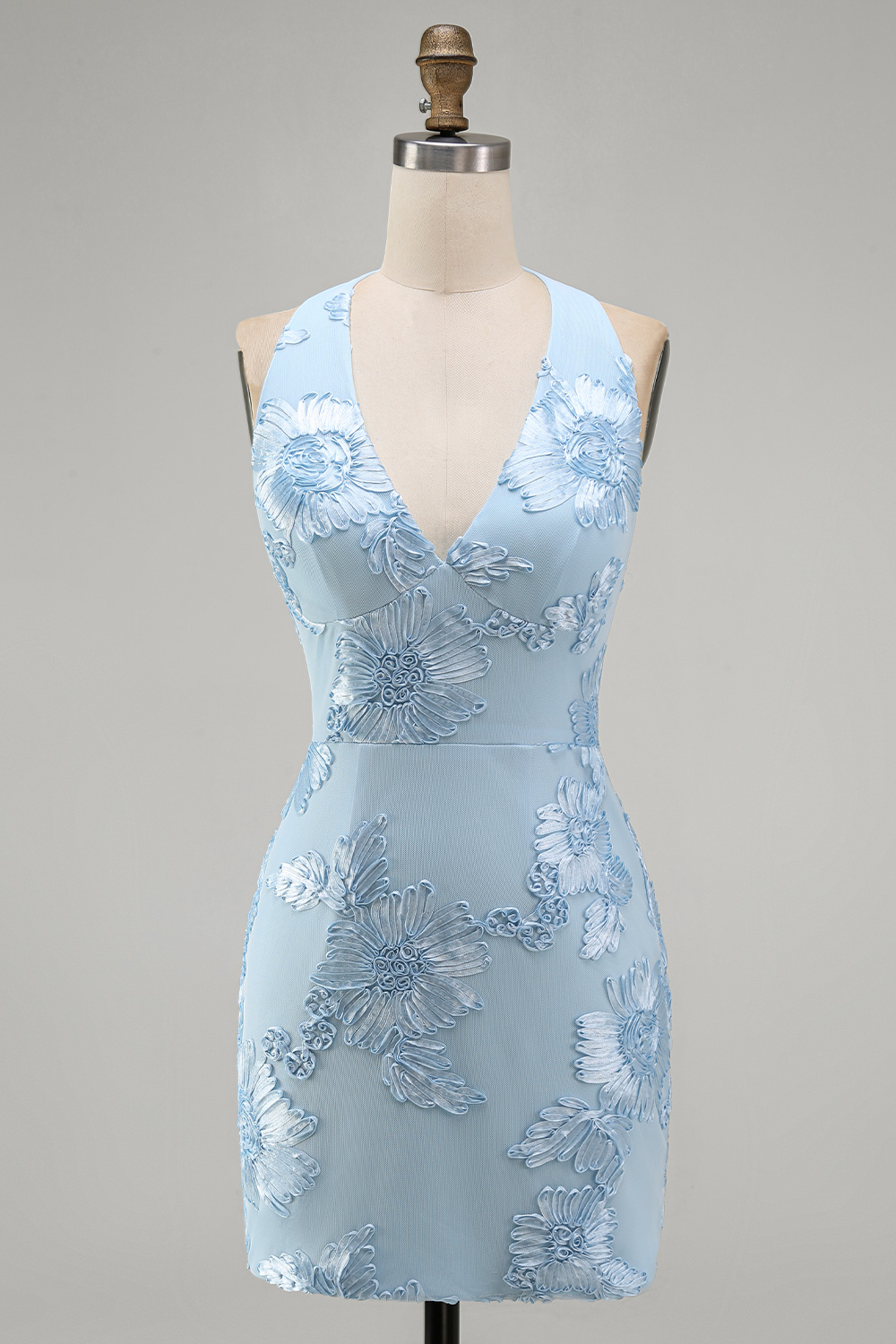 Light Blue Floral Halter Backless Tight Short Homecoming Dress