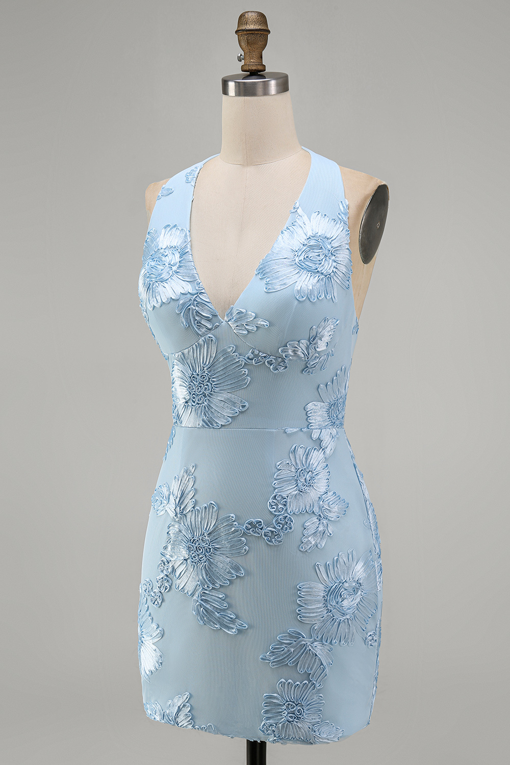Light Blue Floral Halter Backless Tight Short Homecoming Dress