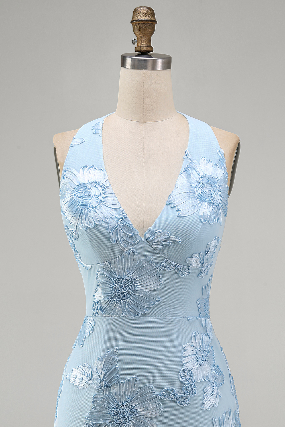 Light Blue Floral Halter Backless Tight Short Homecoming Dress