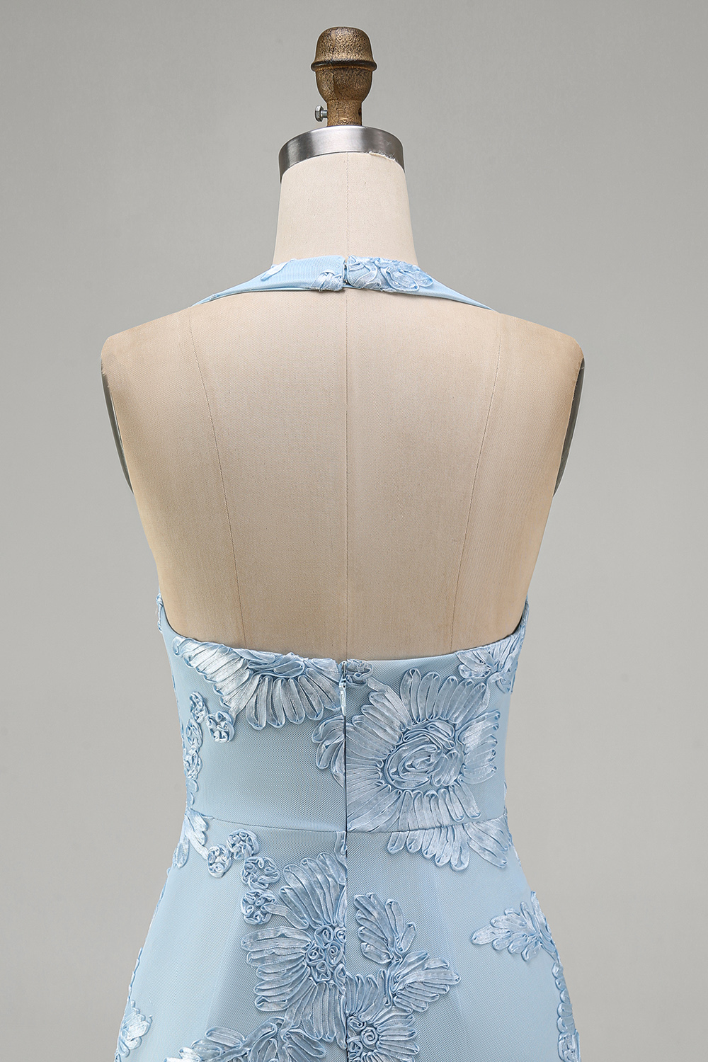 Light Blue Floral Halter Backless Tight Short Homecoming Dress