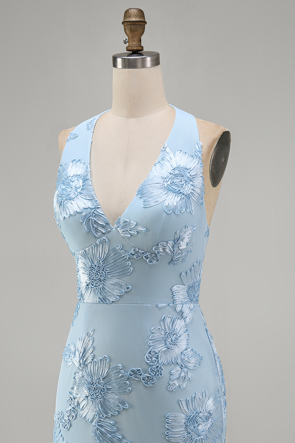 Light Blue Floral Halter Backless Tight Short Homecoming Dress