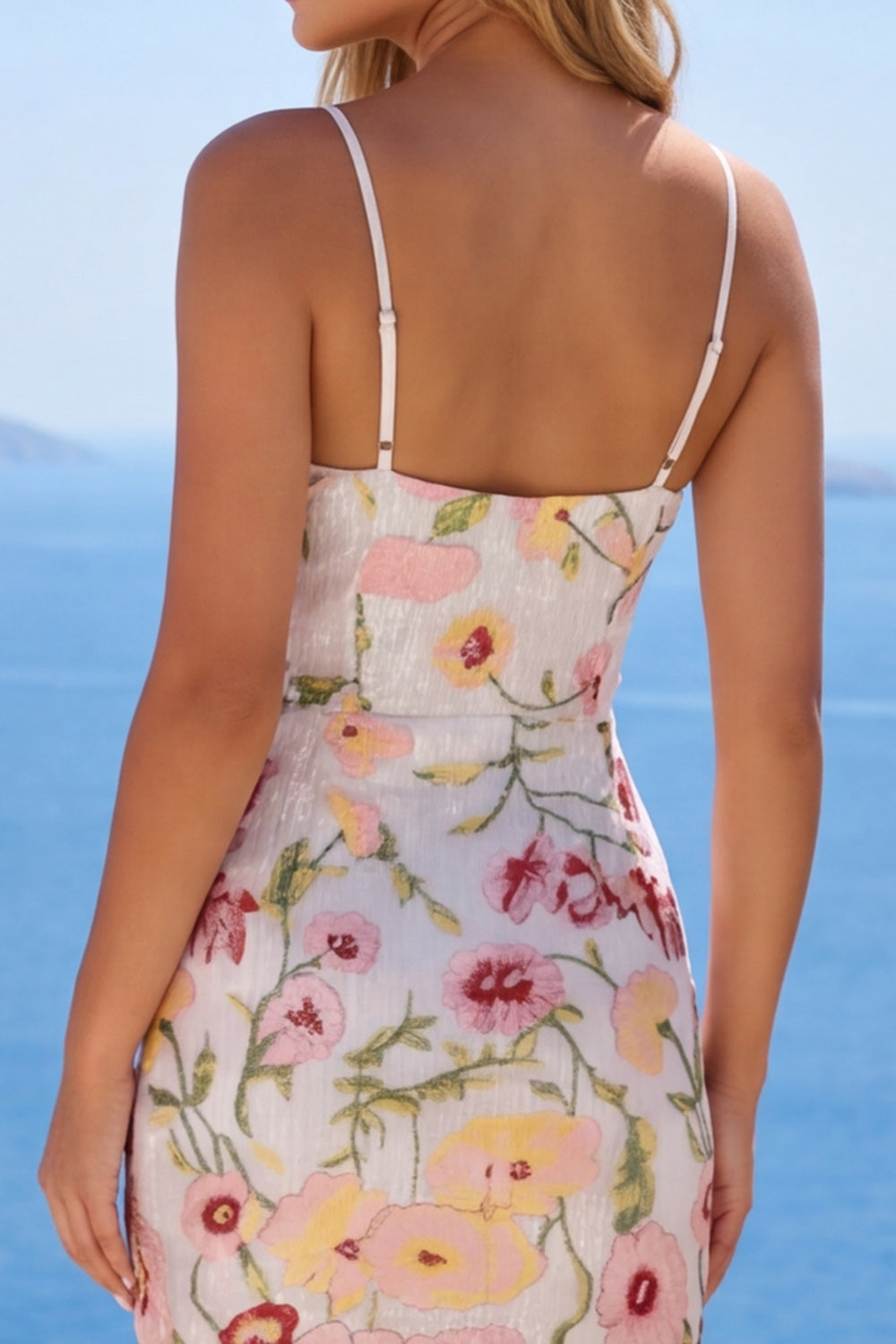 Sparkly Ivory Beaded Spaghetti Straps Floral Tight Short Homecoming Dress