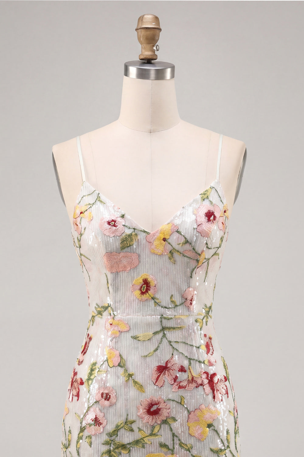 Sparkly Ivory Beaded Spaghetti Straps Floral Tight Short Homecoming Dress