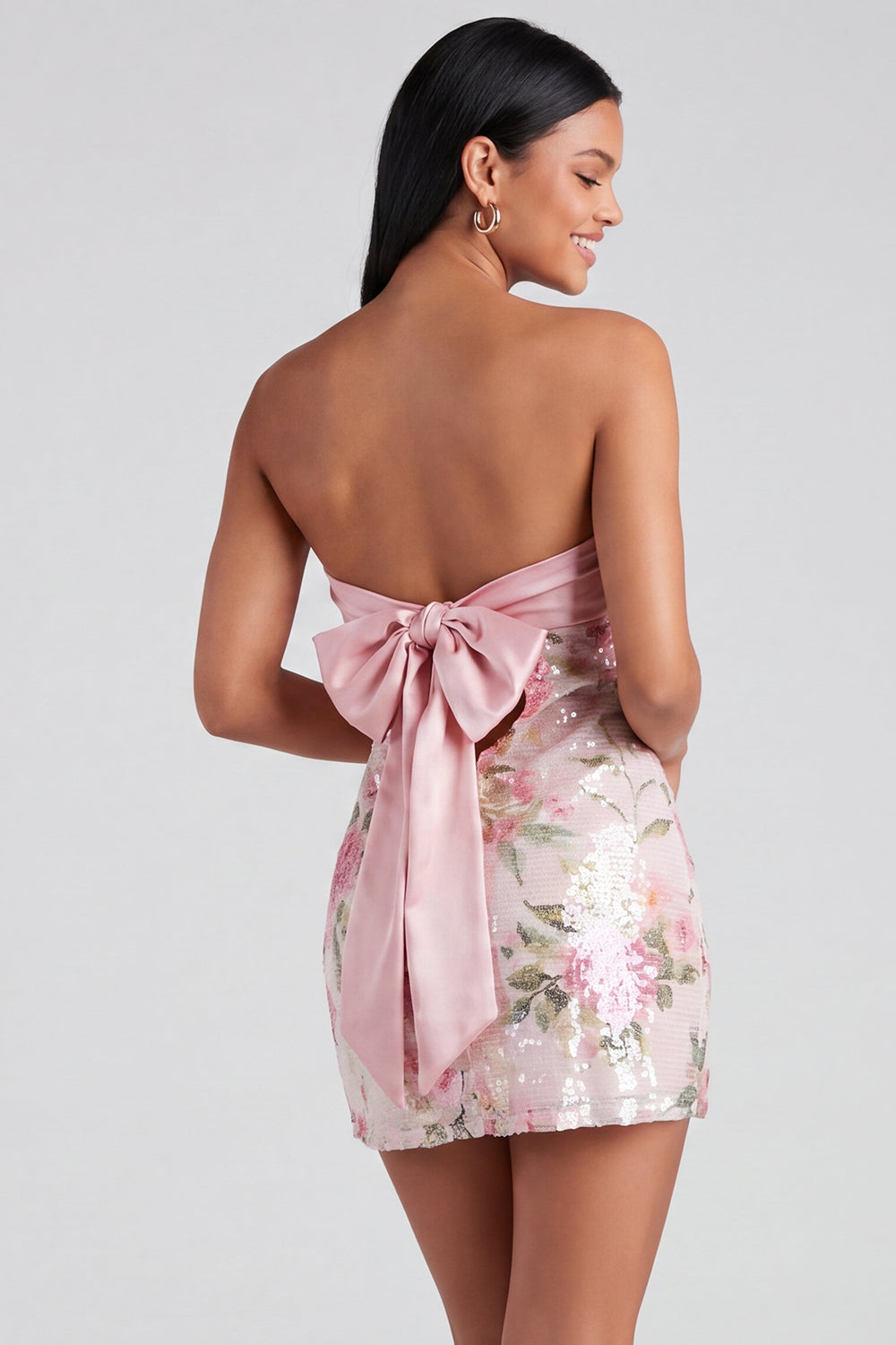 Sparkly Light Pink Floral Strapless Sequins Tight Short Homecoming Dress
