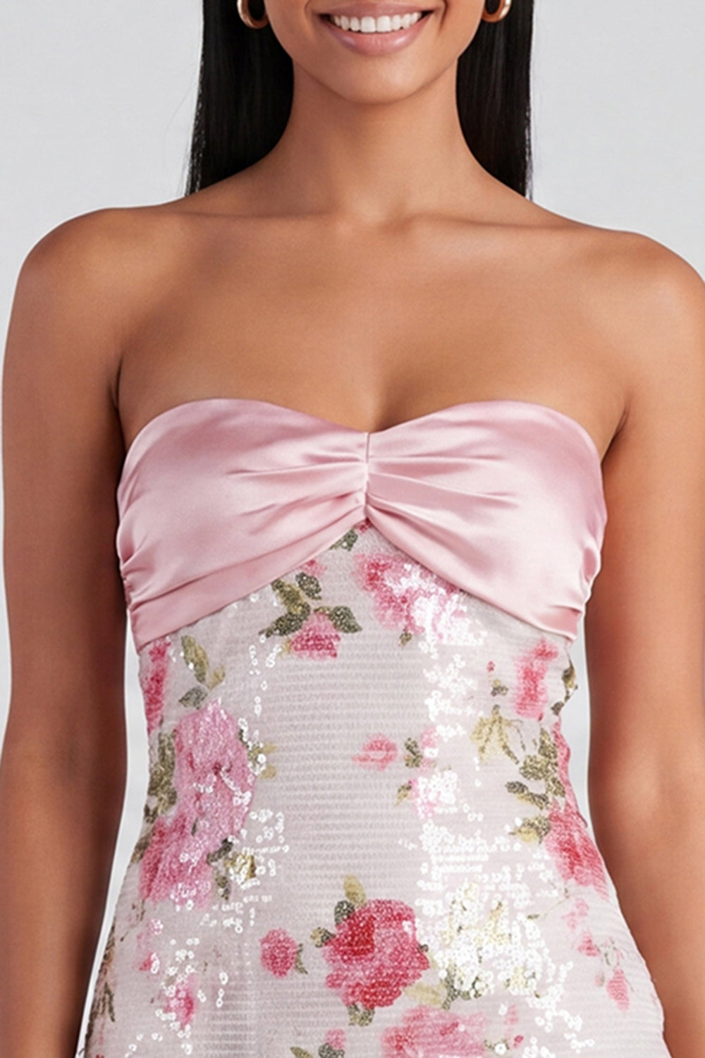Sparkly Light Pink Floral Strapless Sequins Tight Short Homecoming Dress