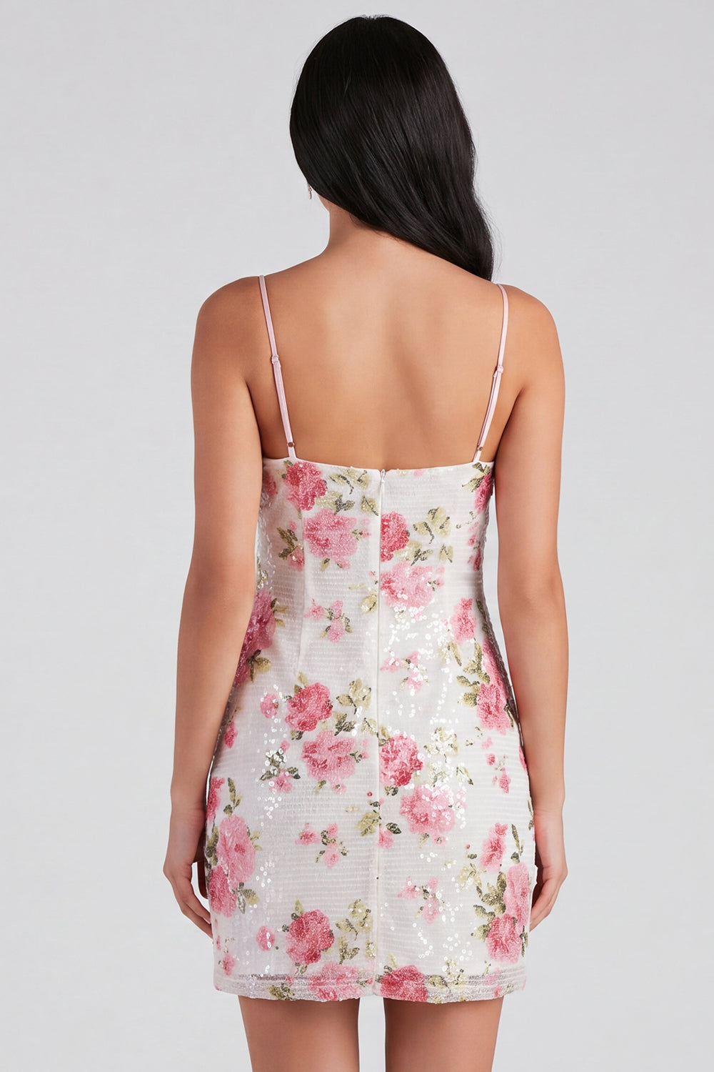 Sparkly Light Pink Sequins Floral Tight Short Homecoming Dress with Bow