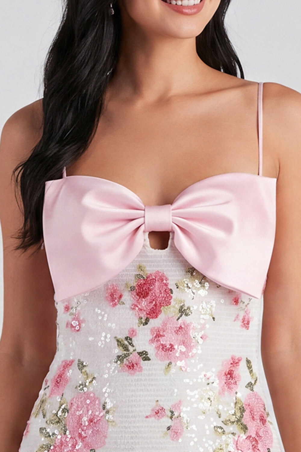 Sparkly Light Pink Sequins Floral Tight Short Homecoming Dress with Bow