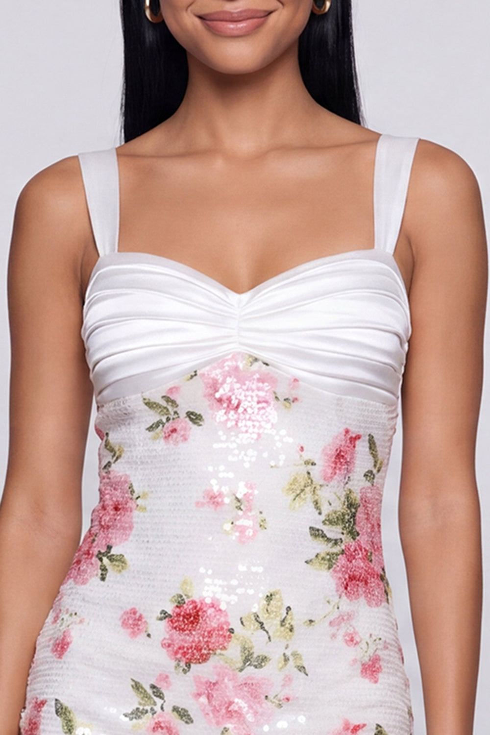 Sparkly Ivory Floral Sequins Thick Straps Short Tight Homecoming Dress