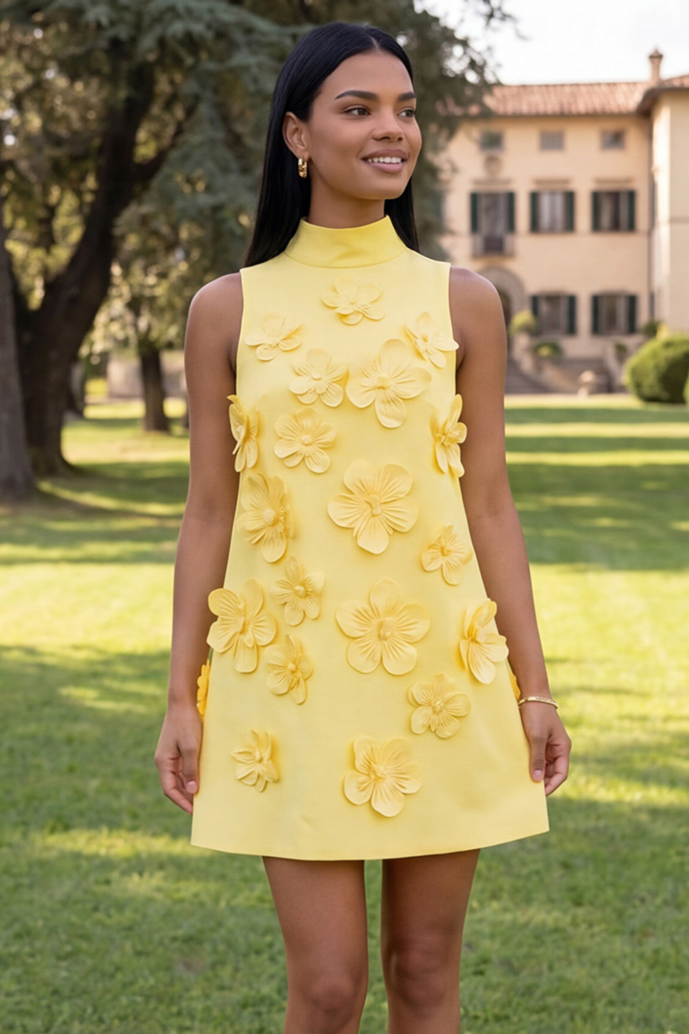 Floral Ivory High Neck A Line Short Homecoming Dress