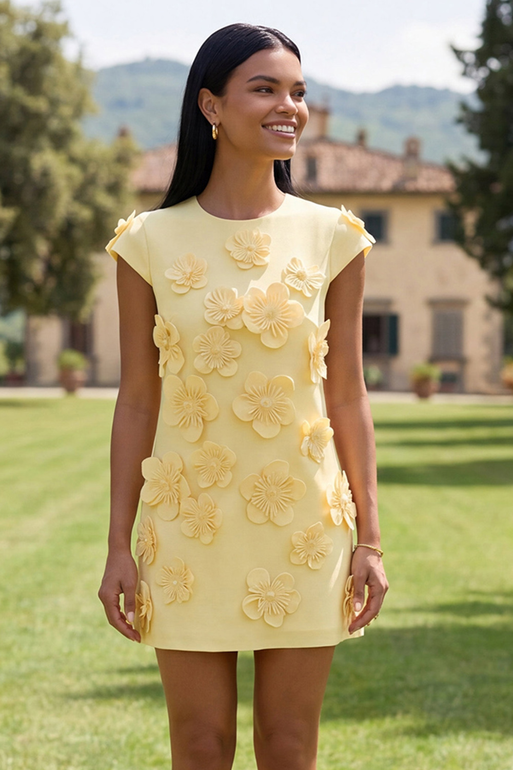 Butter Ivory Floral Round Neck Short Homecoming Dress with Sleeves