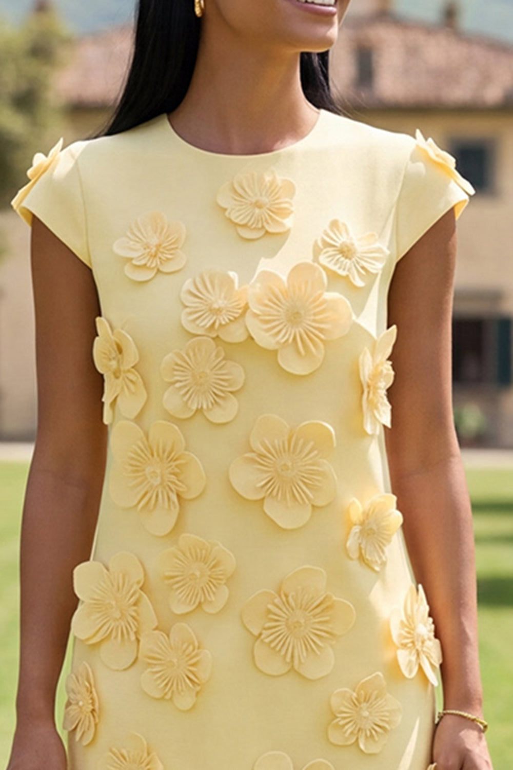 Butter Ivory Floral Round Neck Short Homecoming Dress with Sleeves