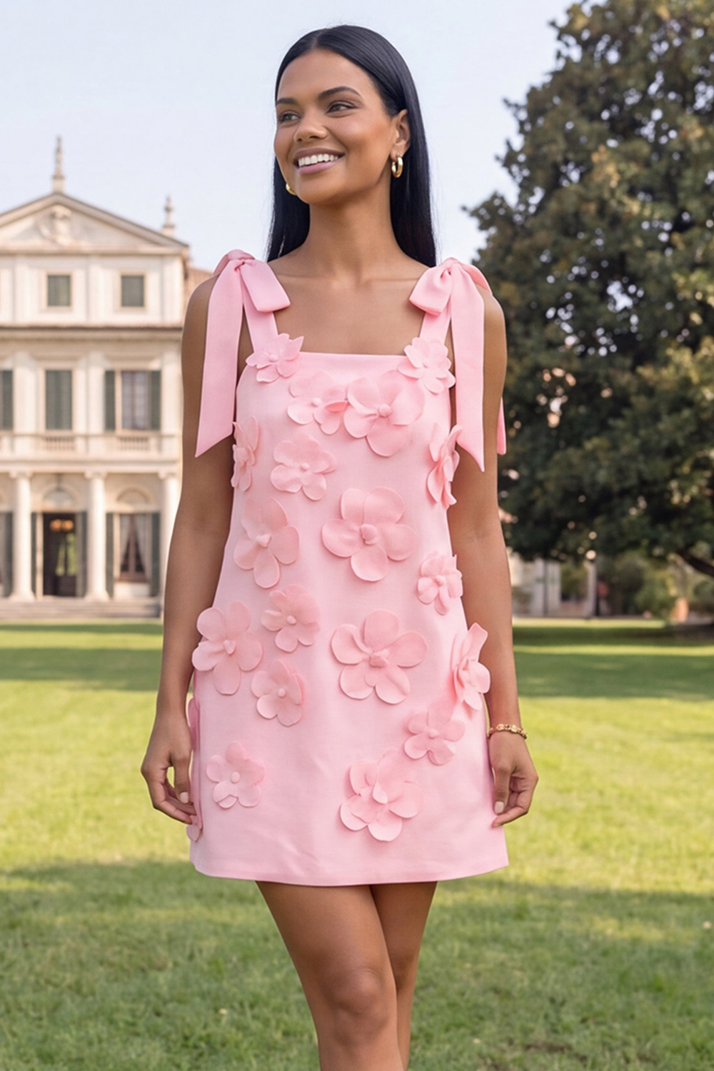 Hot Pink Floral Thick Straps A Line Short Homecoming Dress with Bows