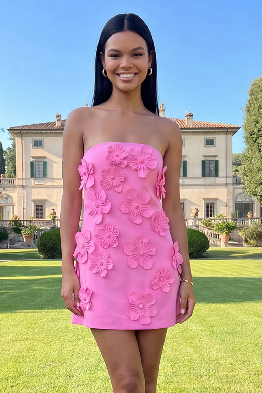 Yellow Floral Strapless Short Homecoming Dress