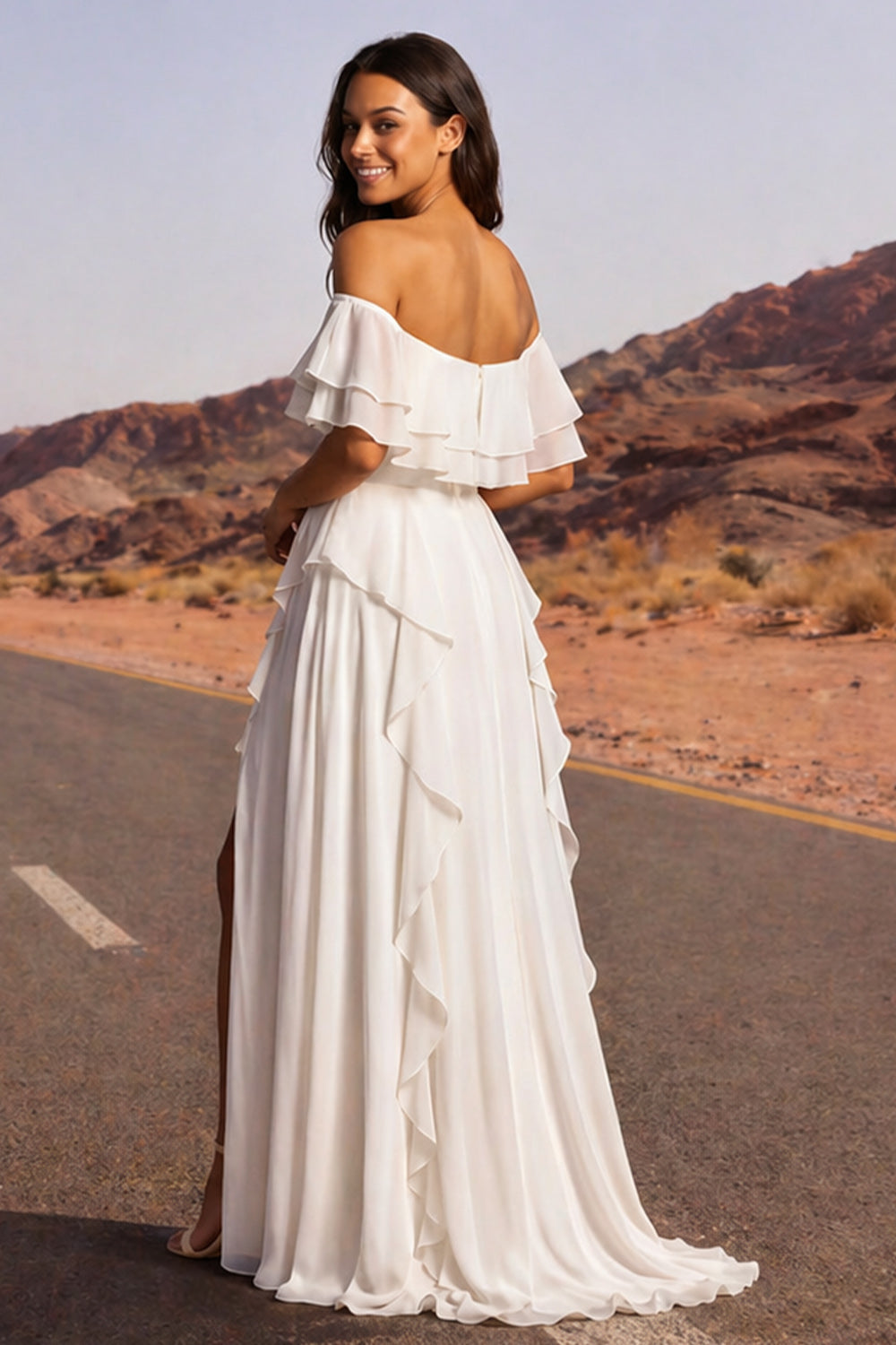 Ivory A Line Off the Shoulder Floor Length Reception Dress for Bride with Ruffles