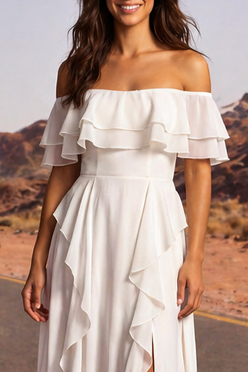 Ivory A Line Off the Shoulder Floor Length Reception Dress for Bride with Ruffles