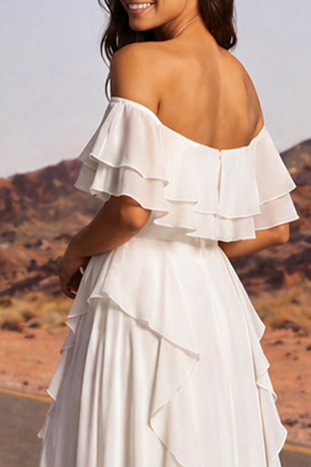 Ivory A Line Off the Shoulder Floor Length Reception Dress for Bride with Ruffles