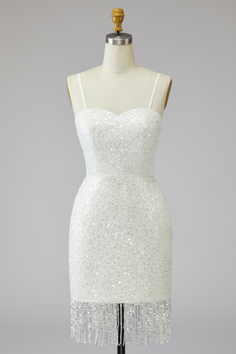 Sparkly Ivory Spaghetti Straps Beaded Tight Short Bridal Shower Dress with Fringes