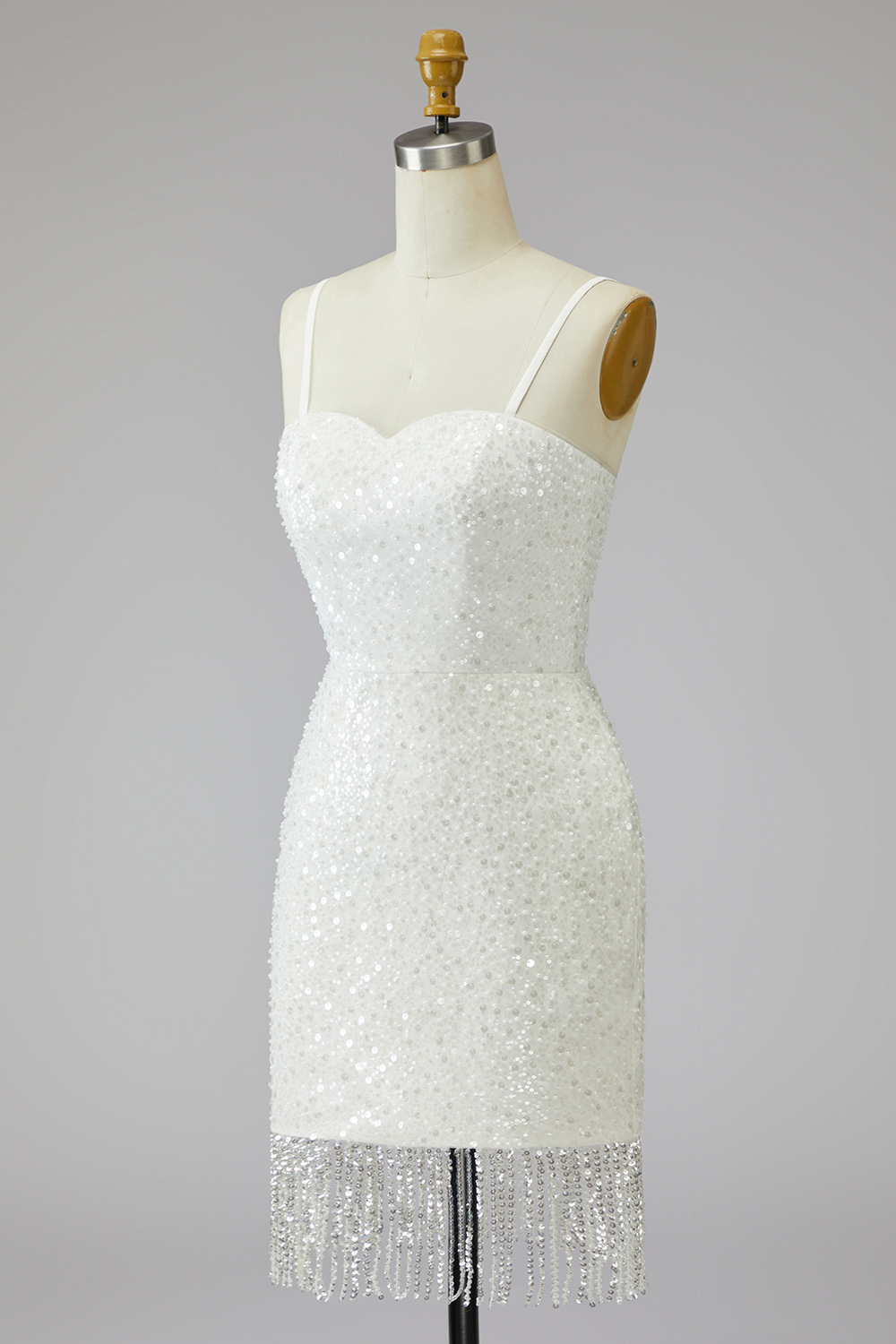 Sparkly Ivory Spaghetti Straps Beaded Tight Short Bridal Shower Dress with Fringes
