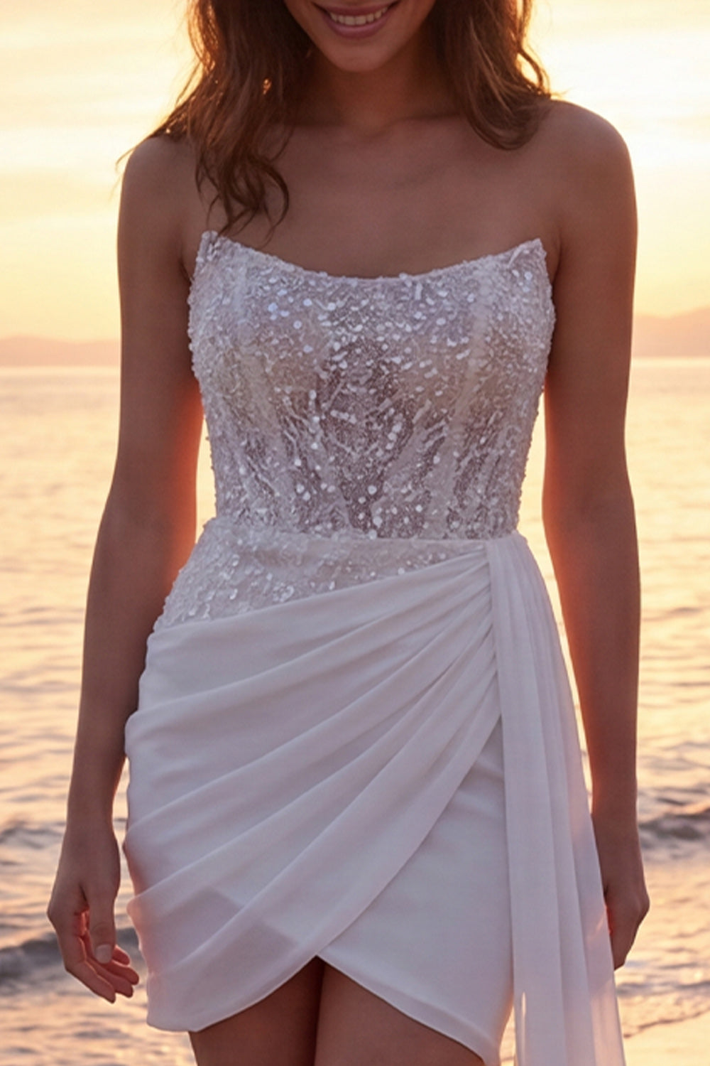 Sparkly Ivory Strapless Beaded Tight Short Corset Bridal Shower Dress with Side Cape