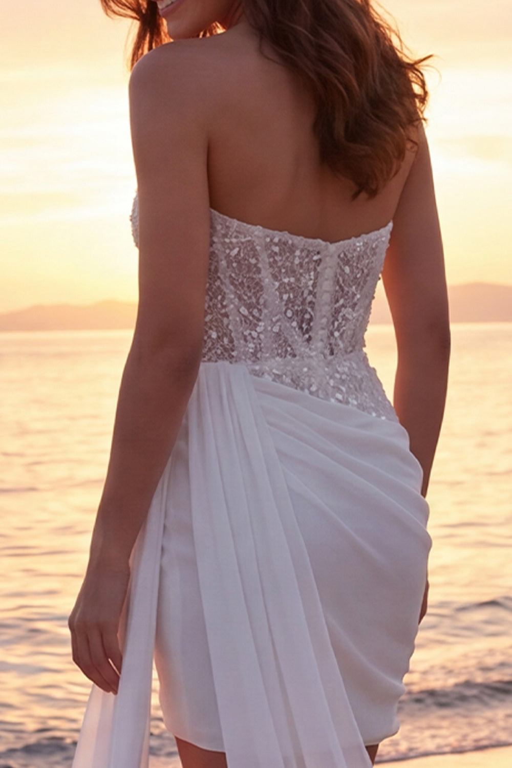 Sparkly Ivory Strapless Beaded Tight Short Corset Bridal Shower Dress with Side Cape