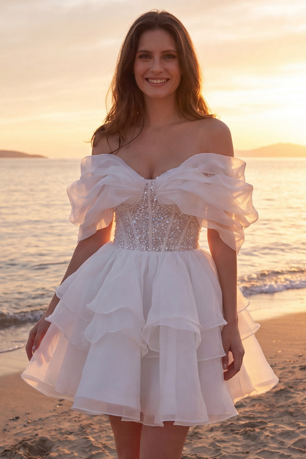 Sparkly Ivory Corset A Line Short Beaded Bridal Shower Dress with Ruffles