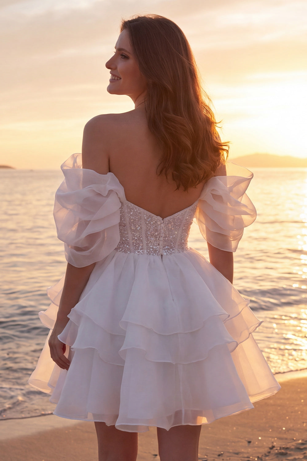 Sparkly Ivory Corset A Line Short Beaded Bridal Shower Dress with Ruffles