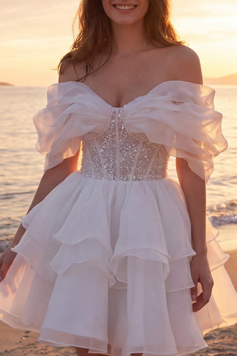 Sparkly Ivory Corset A Line Short Beaded Bridal Shower Dress with Ruffles