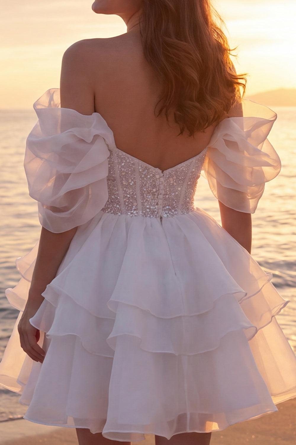 Sparkly Ivory Corset A Line Short Beaded Bridal Shower Dress with Ruffles