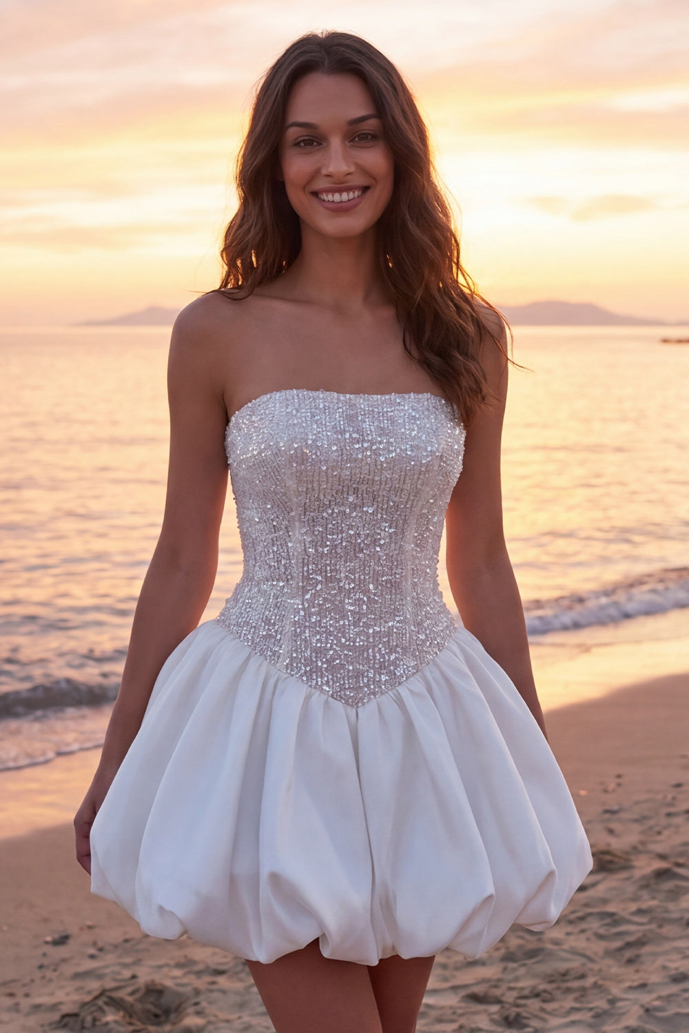 Sparkly Ivory Strapless A Line Short Corset Bridal Shower Dress with Sequins