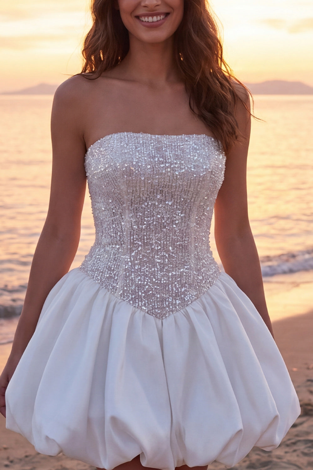 Sparkly Ivory Strapless A Line Short Corset Bridal Shower Dress with Sequins