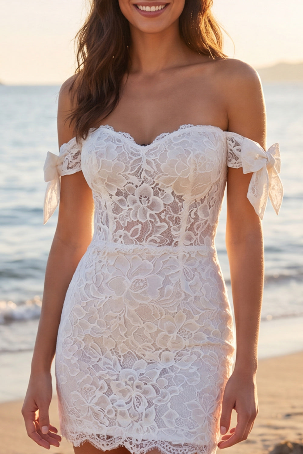 Ivory Short Floral Off the Shoulder Corset Bridal Shower Dress with Bows