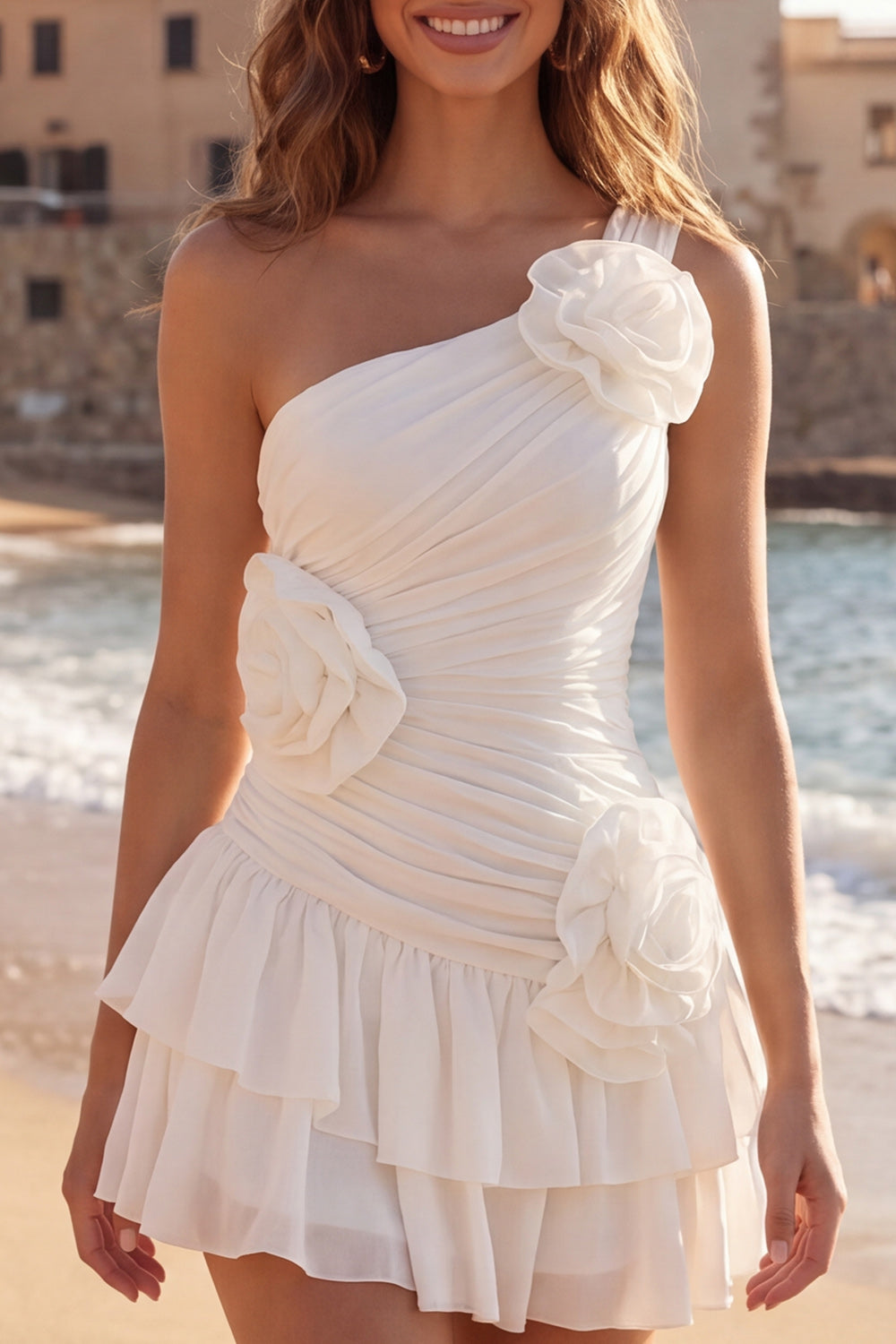 Ivory Ruched One Shoulder Ruffled Short Bridal Shower Dress with 3D Flowers