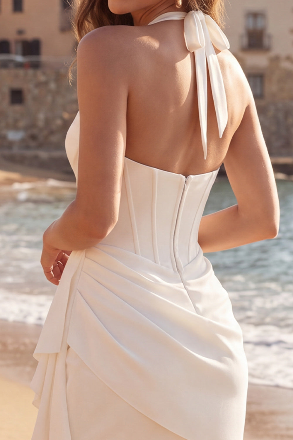 Ivory Halter Ruched Short Corset Bridal Shower Dress with Ruffles