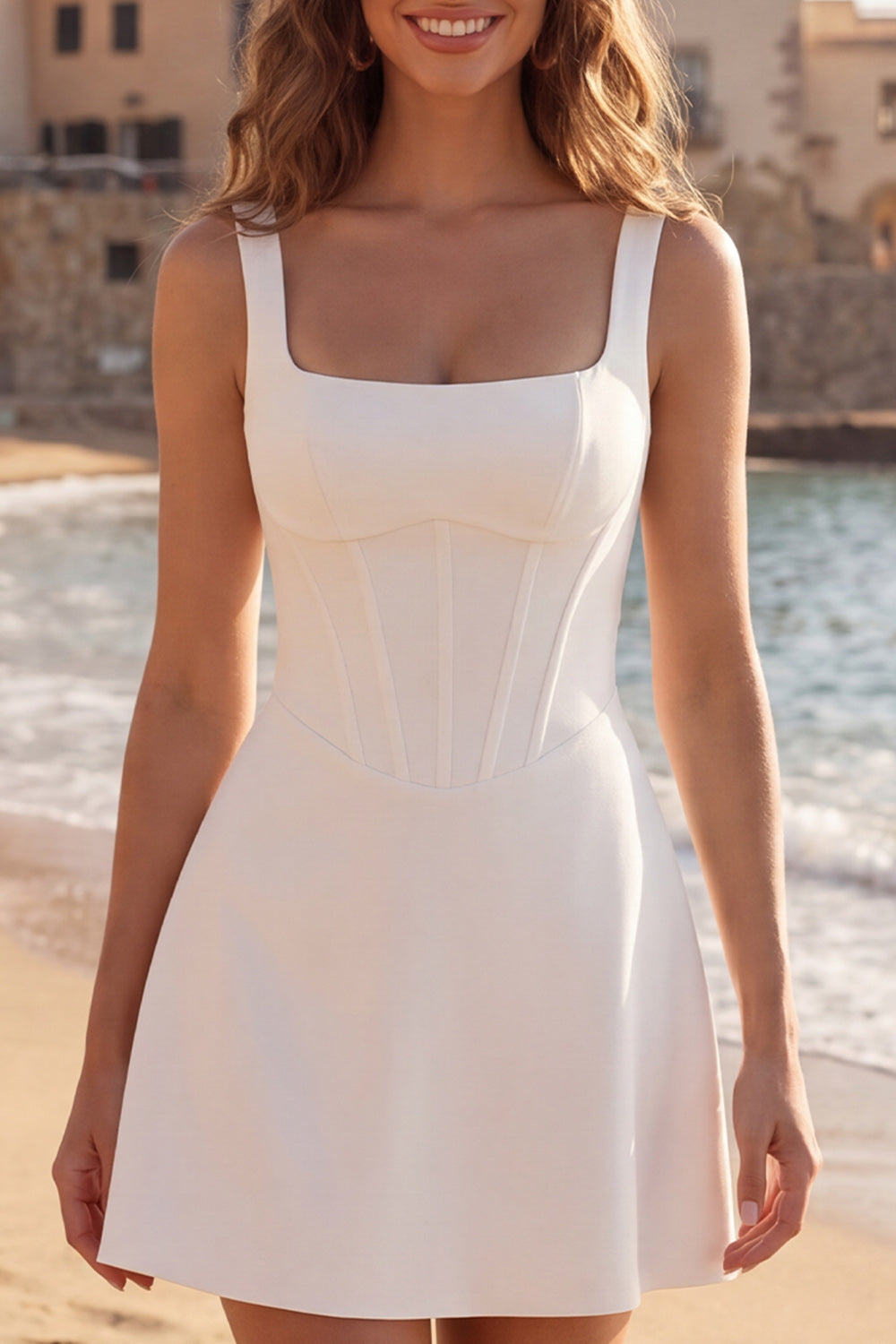 Ivory Square Neck A Line Short Corset Bridal Shower Dress