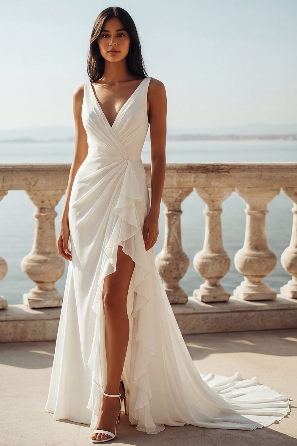 Ivory Mermaid V-Neck Ruched Sweep Train Reception Dress for Bride with Ruffles