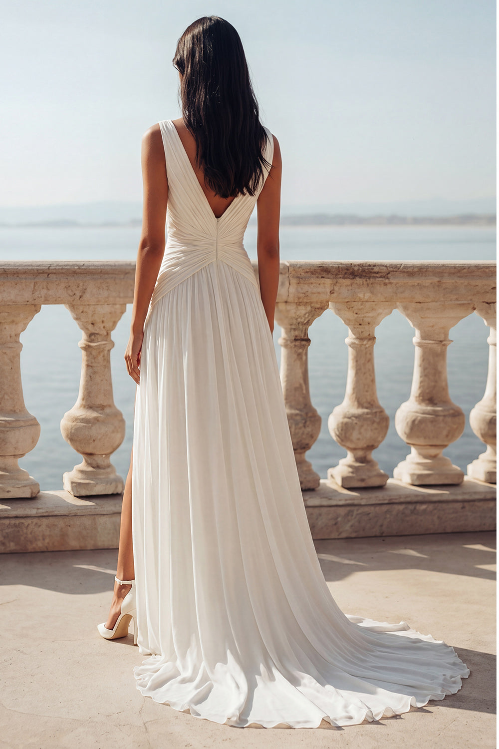 Ivory Ruched Sweep Train V-Neck Reception Dress for Bride with Slit