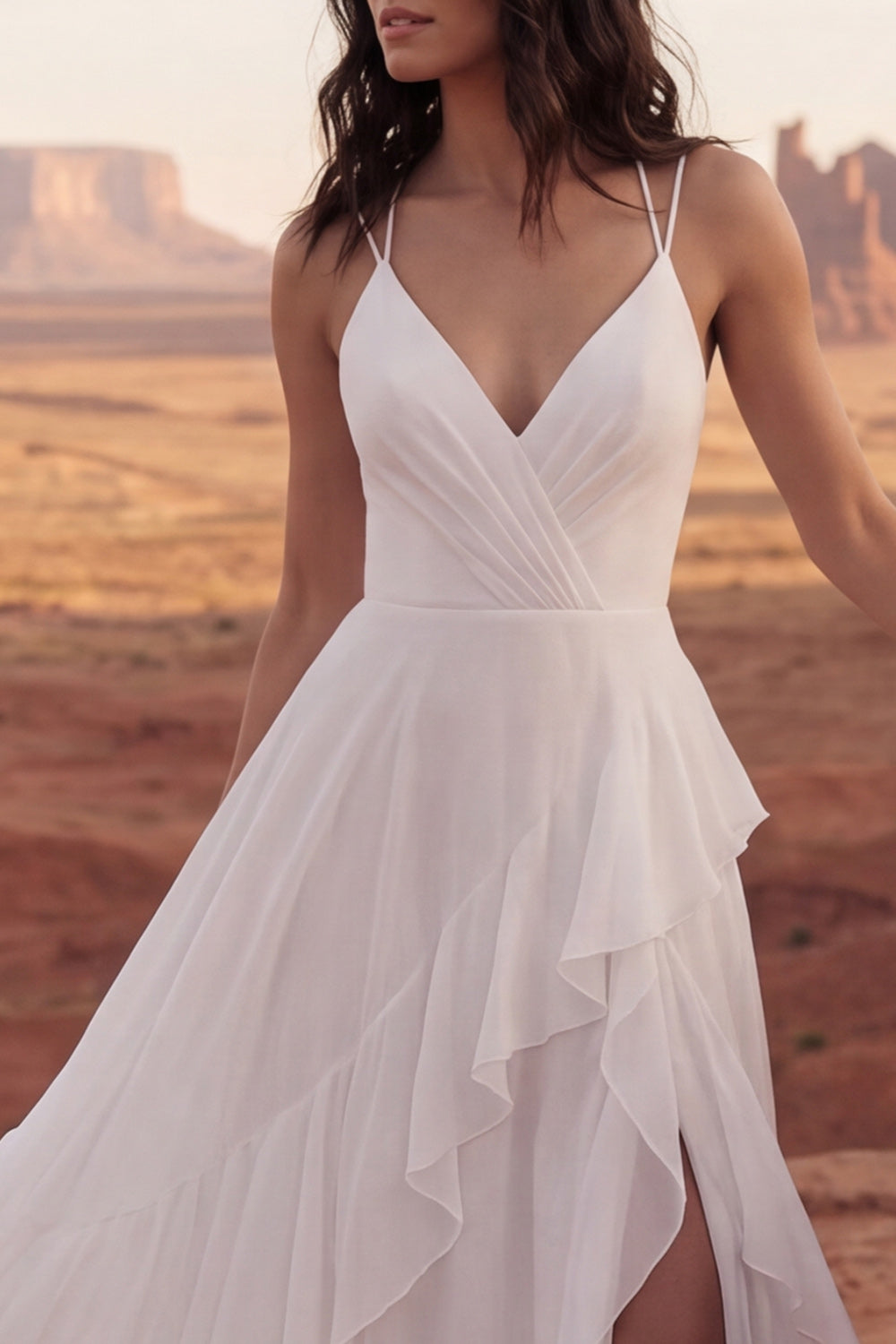 Ivory Sweep Train A Line V-Neck Ruffled Ruched Reception Dress for Bride with Slit