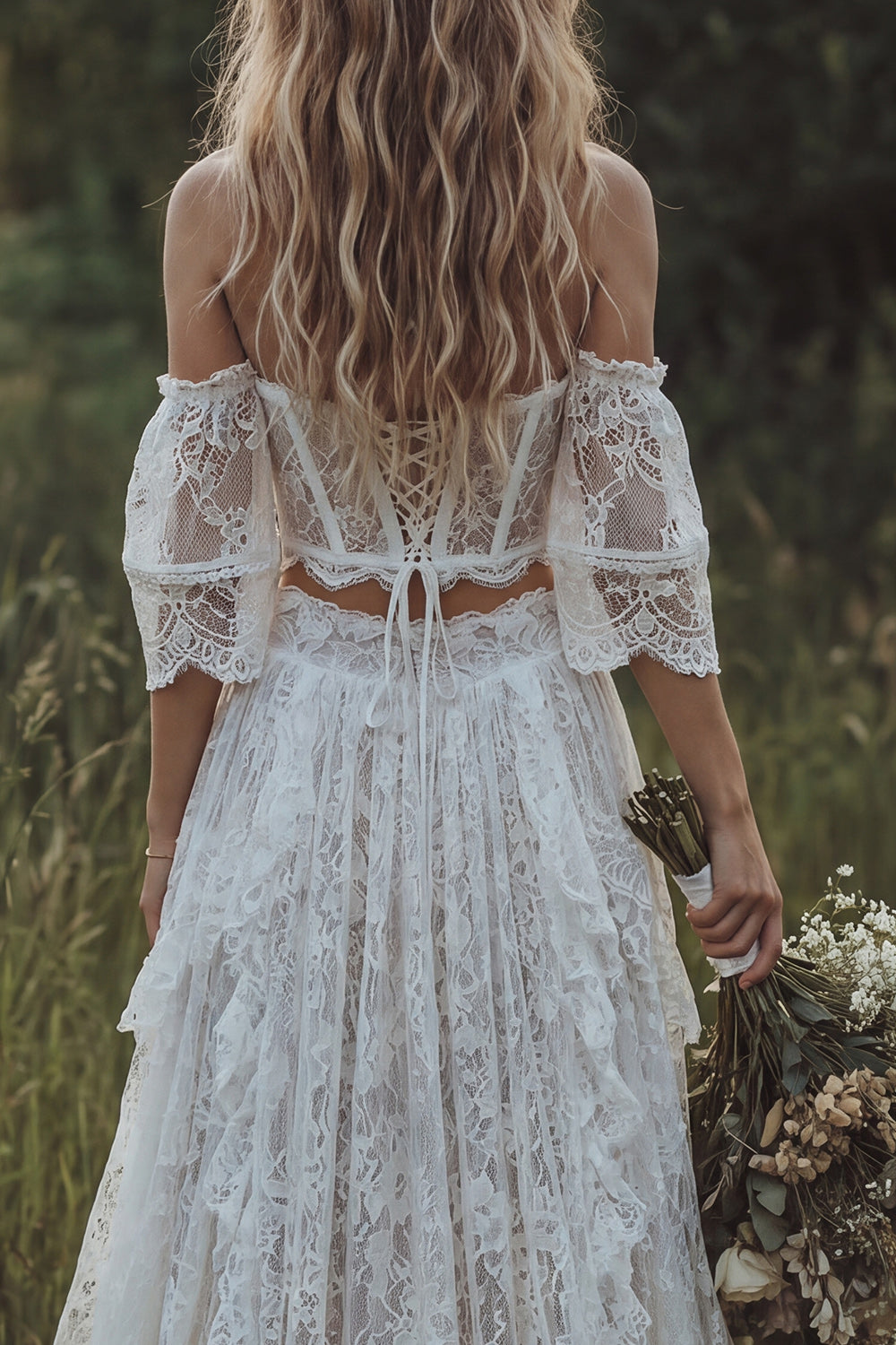 Ivory 2 Piece Floral Lace A Line Sweep Train Corset Reception Dress for Bride