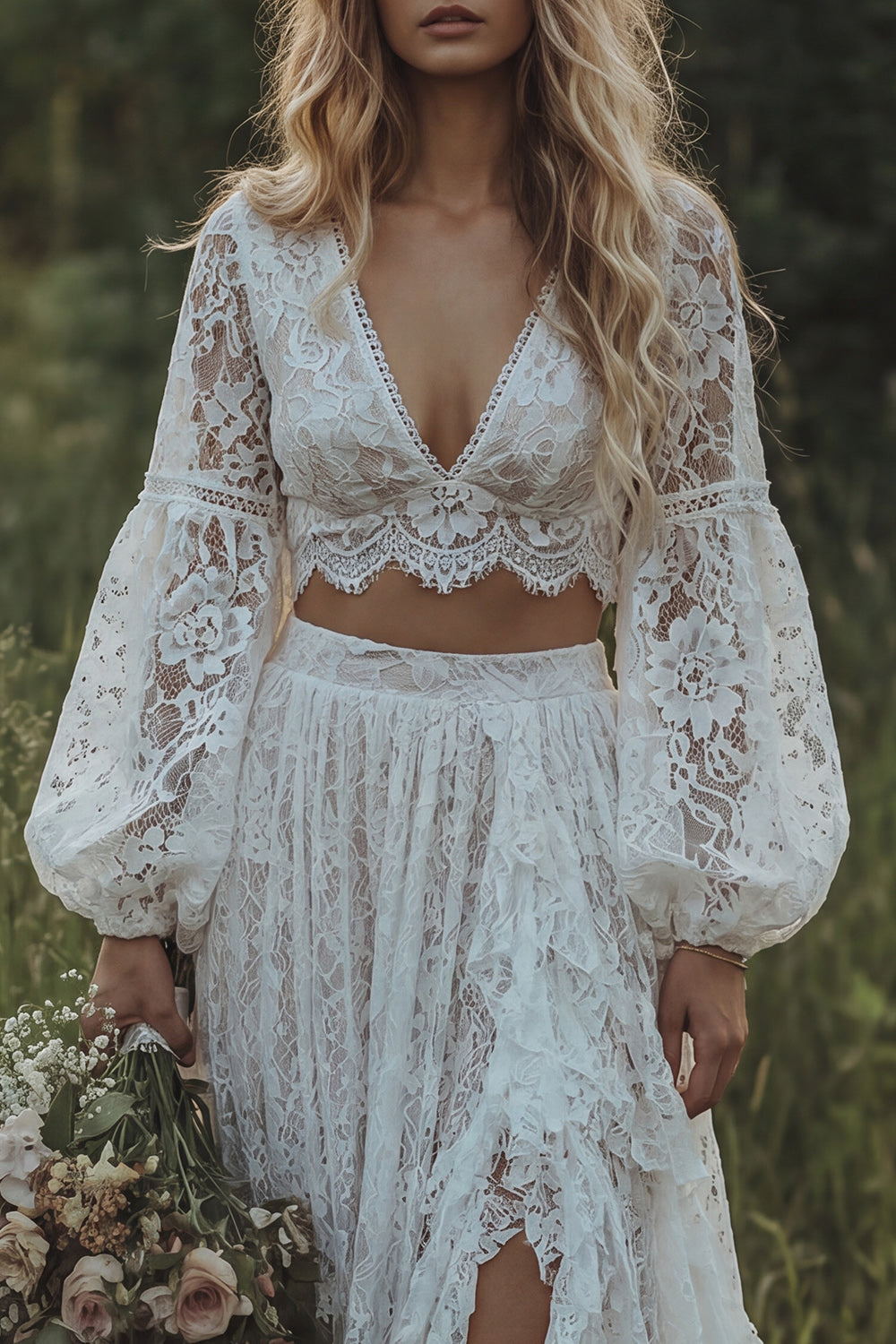 Ivory 2 Piece Ruffled Floral Lace A Line Sweep Train Reception Dress for Bride with Slit