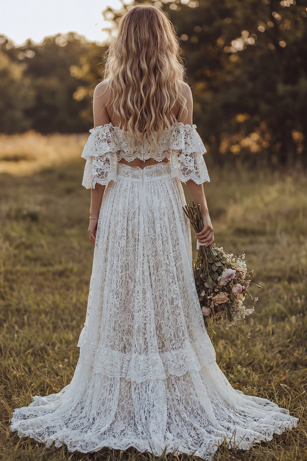 2 Piece Floral Lace Ruffled Ivory A Line Sweep Train Reception Dress for Bride with Slit