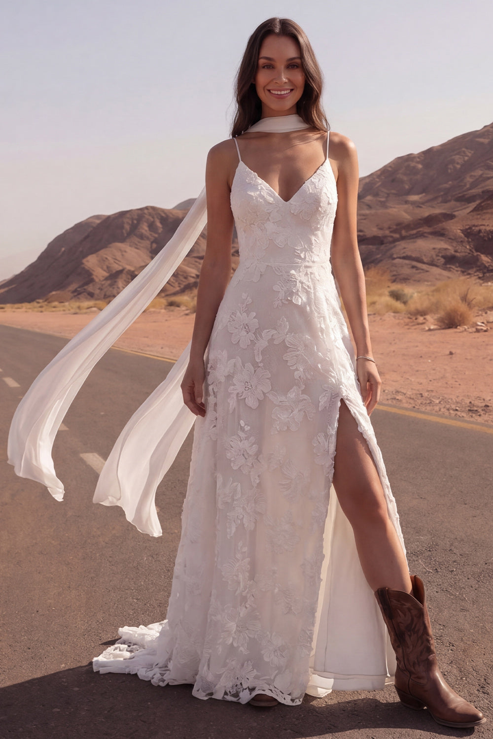 Spaghetti Straps Floral Ivory A Line Sweep Train Reception Dress for Bride with Slit
