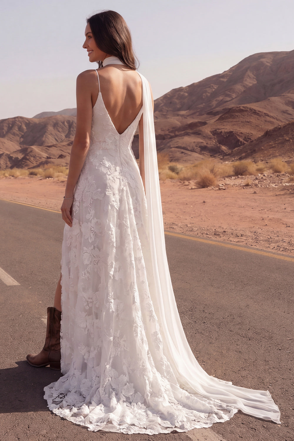 Spaghetti Straps Floral Ivory A Line Sweep Train Reception Dress for Bride with Slit