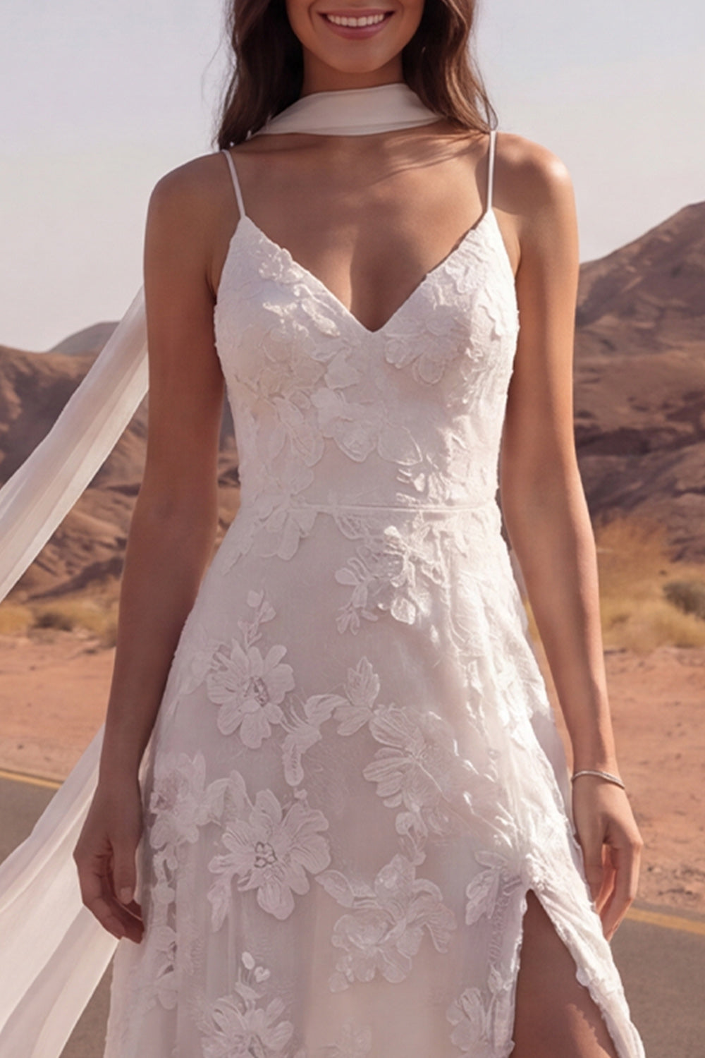 Spaghetti Straps Floral Ivory A Line Sweep Train Reception Dress for Bride with Slit