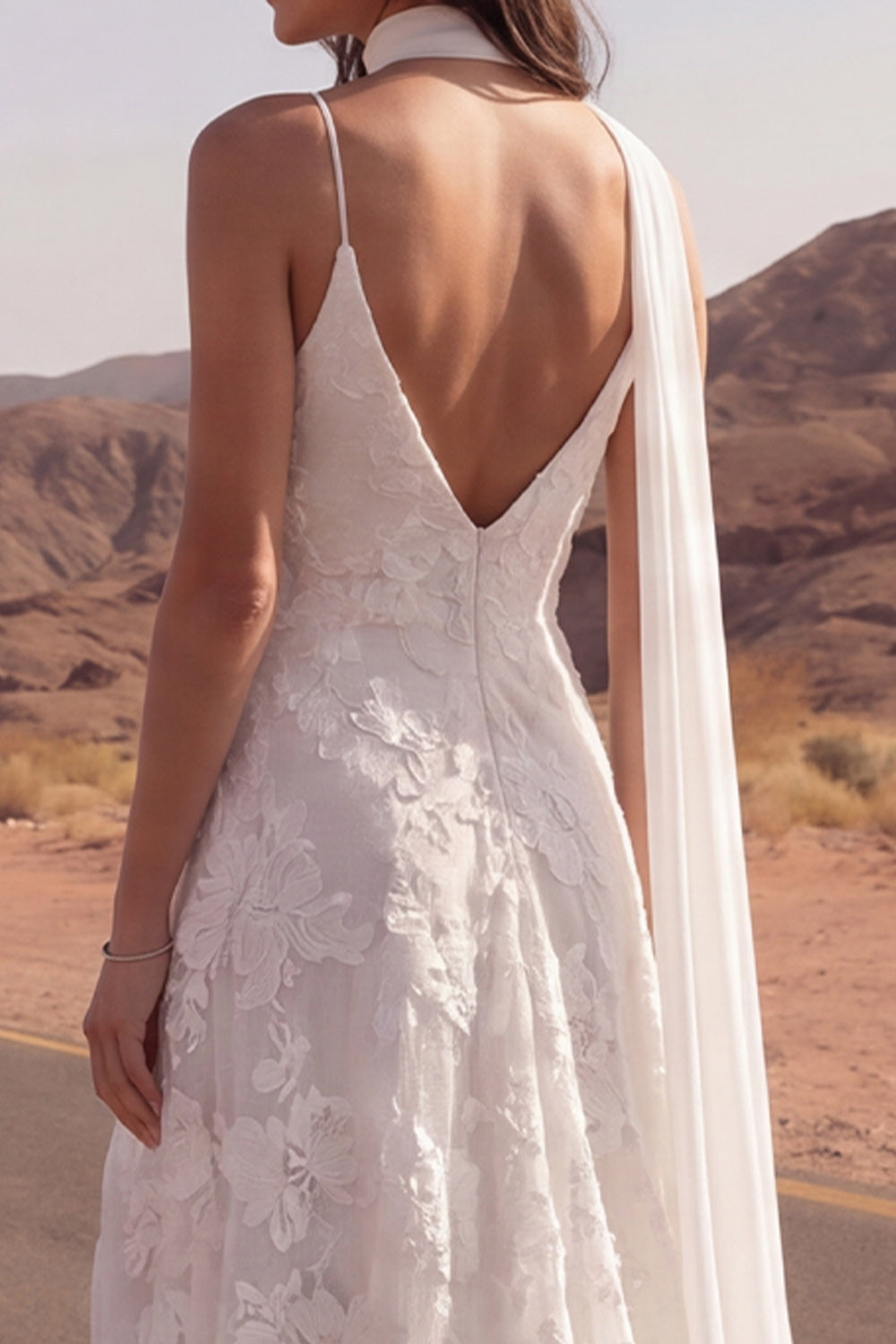 Spaghetti Straps Floral Ivory A Line Sweep Train Reception Dress for Bride with Slit